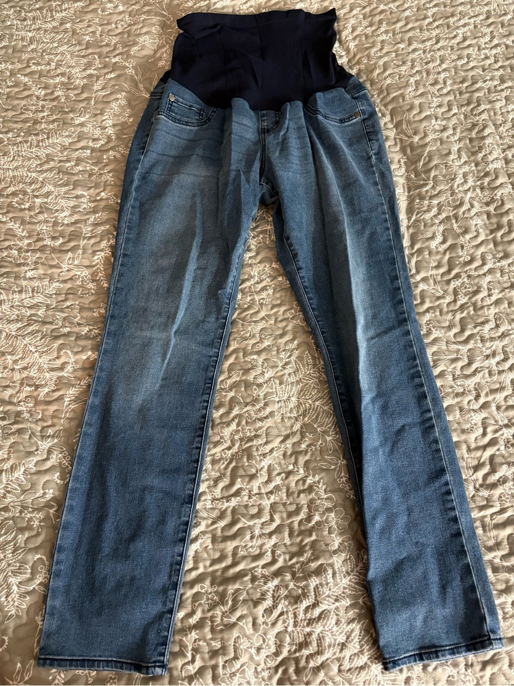 Motherhood Maternity Blue Straight-Leg Jeans with Black Waist Panel